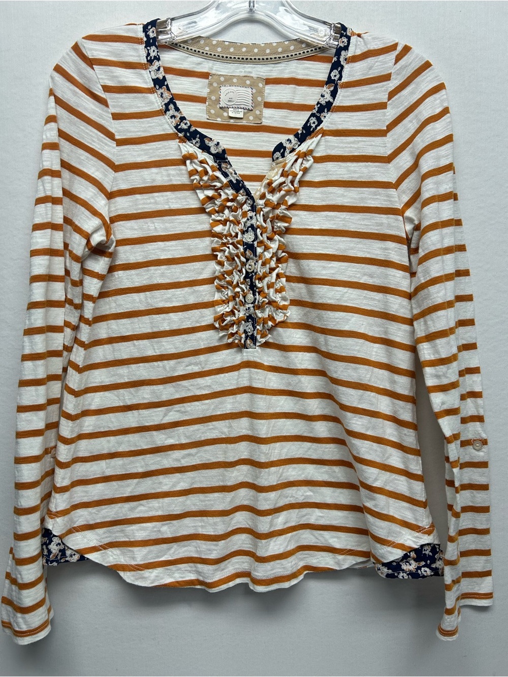 Anthropologie Striped Ruffle V-Neck Long Sleeve Top - Orange, White, Navy